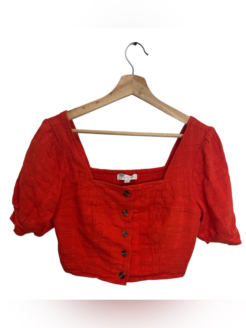 Love, Whit Red Textured Puff Sleeve Crop Top Size L Cottagecore Boho, RTR
